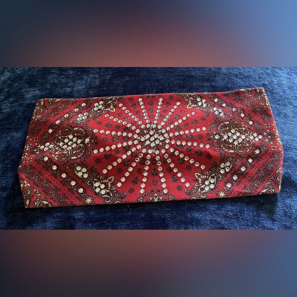 Red Paisley Stretchy Headband with Rhinestones